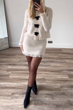 Crewneck Frayed Hem Pocketed Bow Sweater