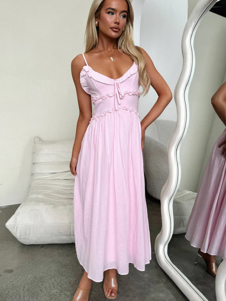 Ruffle Solid Color Camisoles Bandage Maxi Dresses