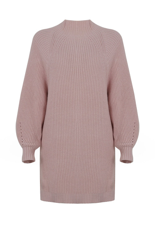 Ribbed Knit Mock Neck Balloon Sleeve Oversized Sweater Mini Dress