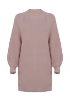 Ribbed Knit Mock Neck Balloon Sleeve Oversized Sweater Mini Dress
