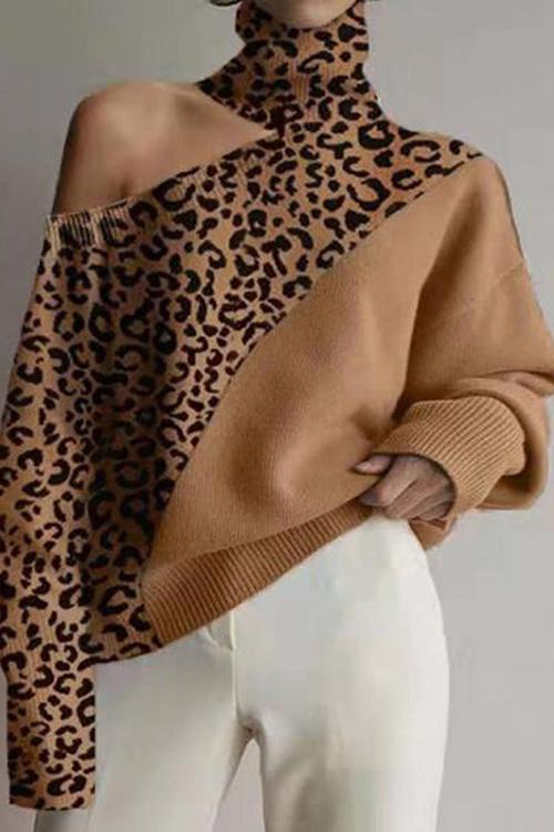 Turtleneck Cold Shoulder Solid Loose Sweater