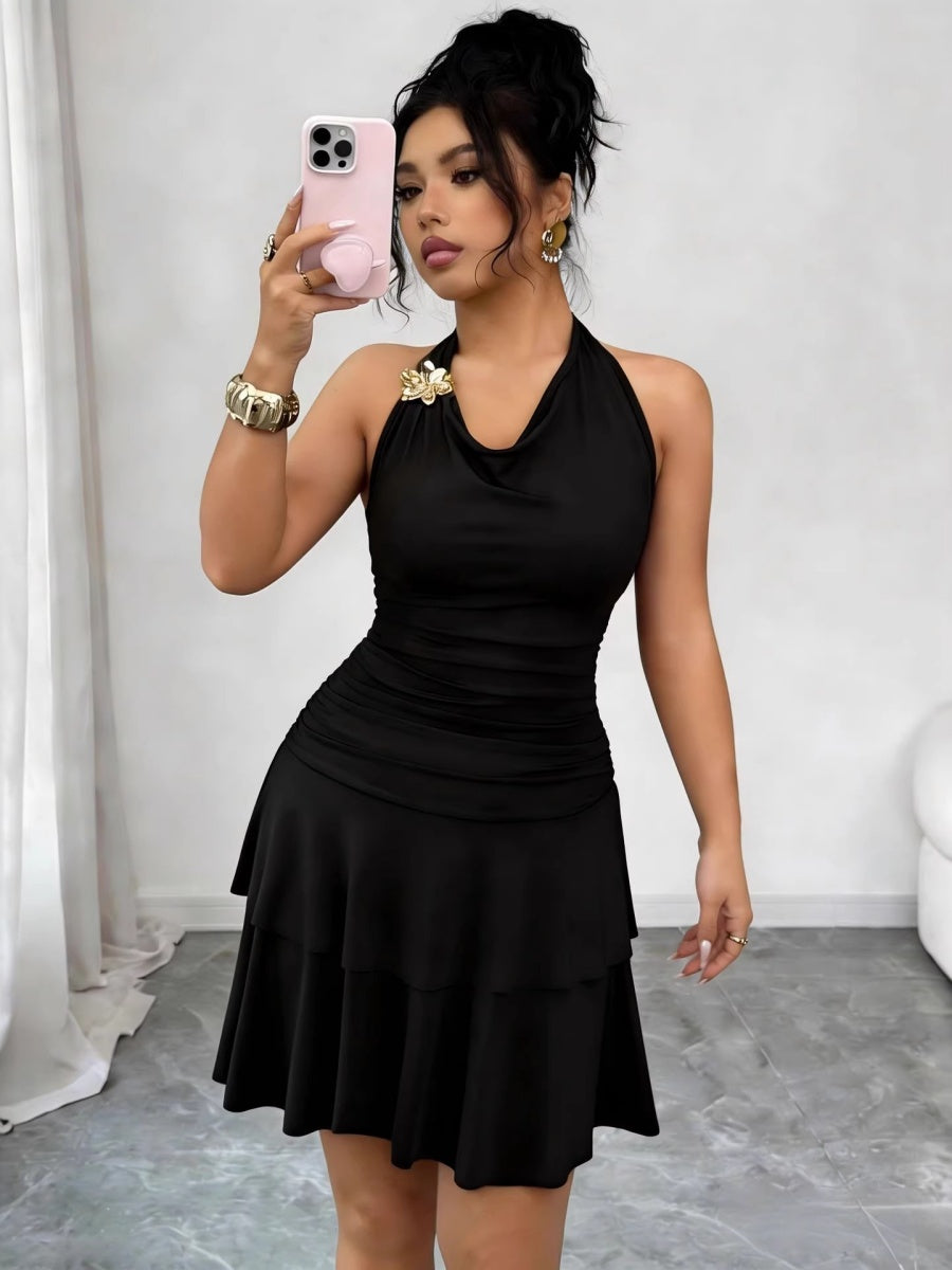 Black Halter Metal Buckle Pleated Hip-hugging Mini&Short Dresses