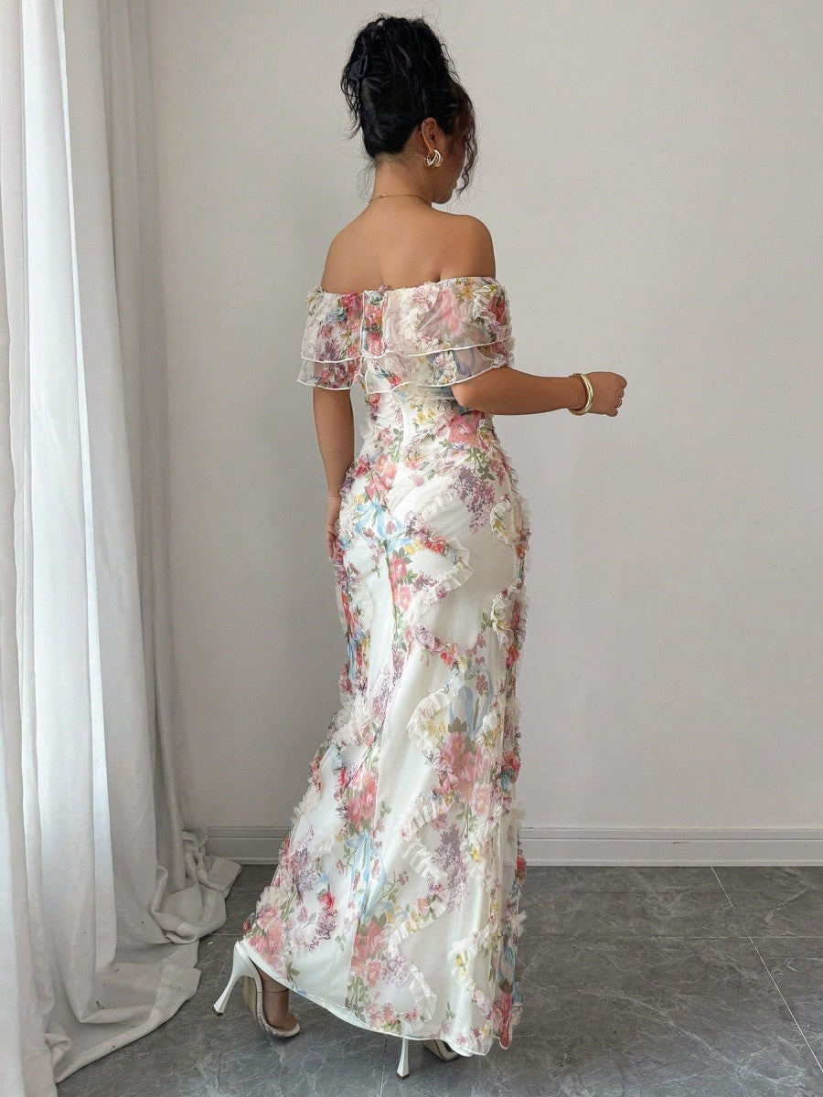 Printed Textured Fabric Off Shoulder Ruffle Maxi Dresses