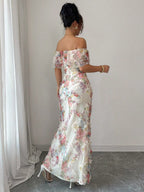Printed Textured Fabric Off Shoulder Ruffle Maxi Dresses