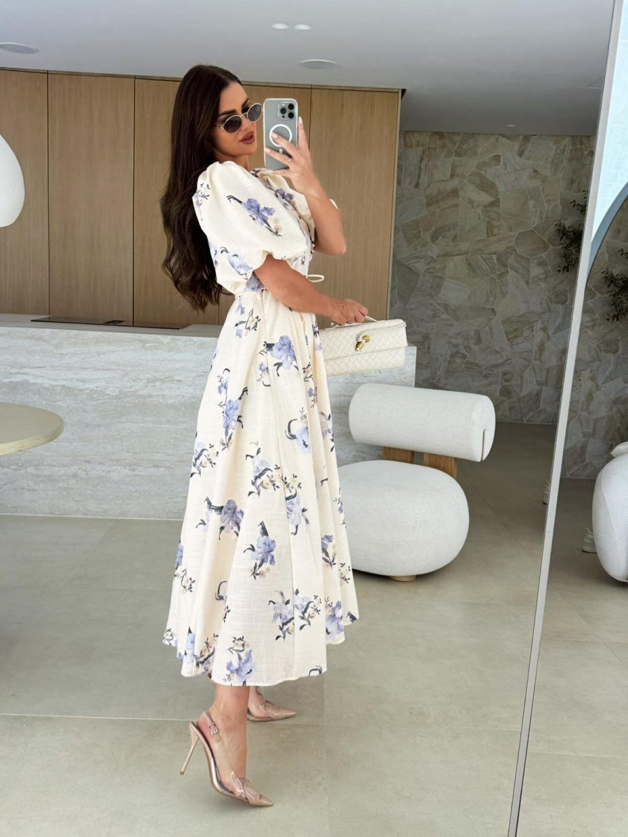 V-neck Puff Sleeve Printed Bandage Large Skirt Vacation And Leisure Maxi Dresses