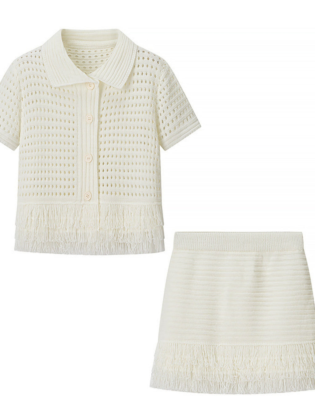 Tassel Knitting Short-sleeved Jacket High-waisted Mini Skirt 2-piece Sets