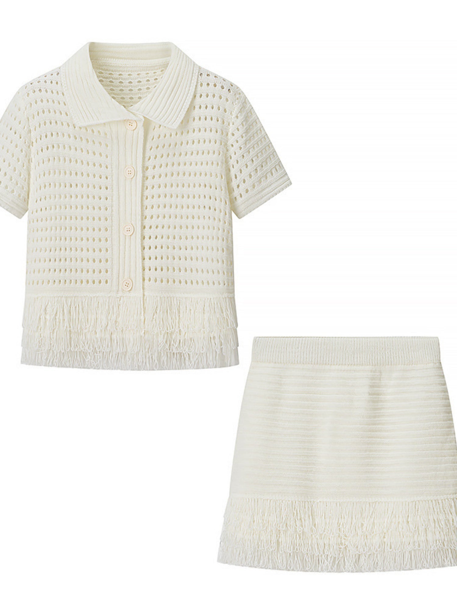 Tassel Knitting Short-sleeved Jacket High-waisted Mini Skirt 2-piece Sets