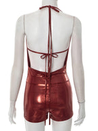 Metallic Gloss Deep V-neck Halter Neck Strap Jumpsuits