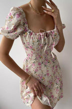 Square Neck Tie Front Puff Sleeve Ditsy Floral Milkmaid Mini Dress
