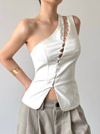 Hollow Out Asymmetrical Collar Buttons Tank Tops
