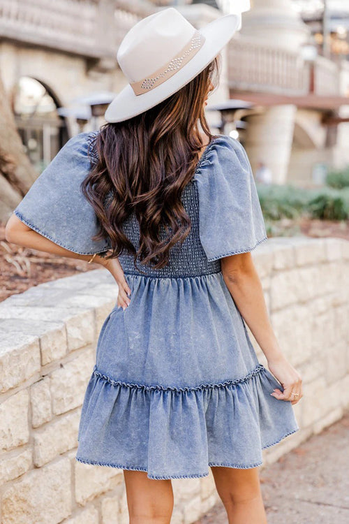 Square Neck Smocked Puff Sleeve Tiered Ruffle Hem Chambray Mini Dress