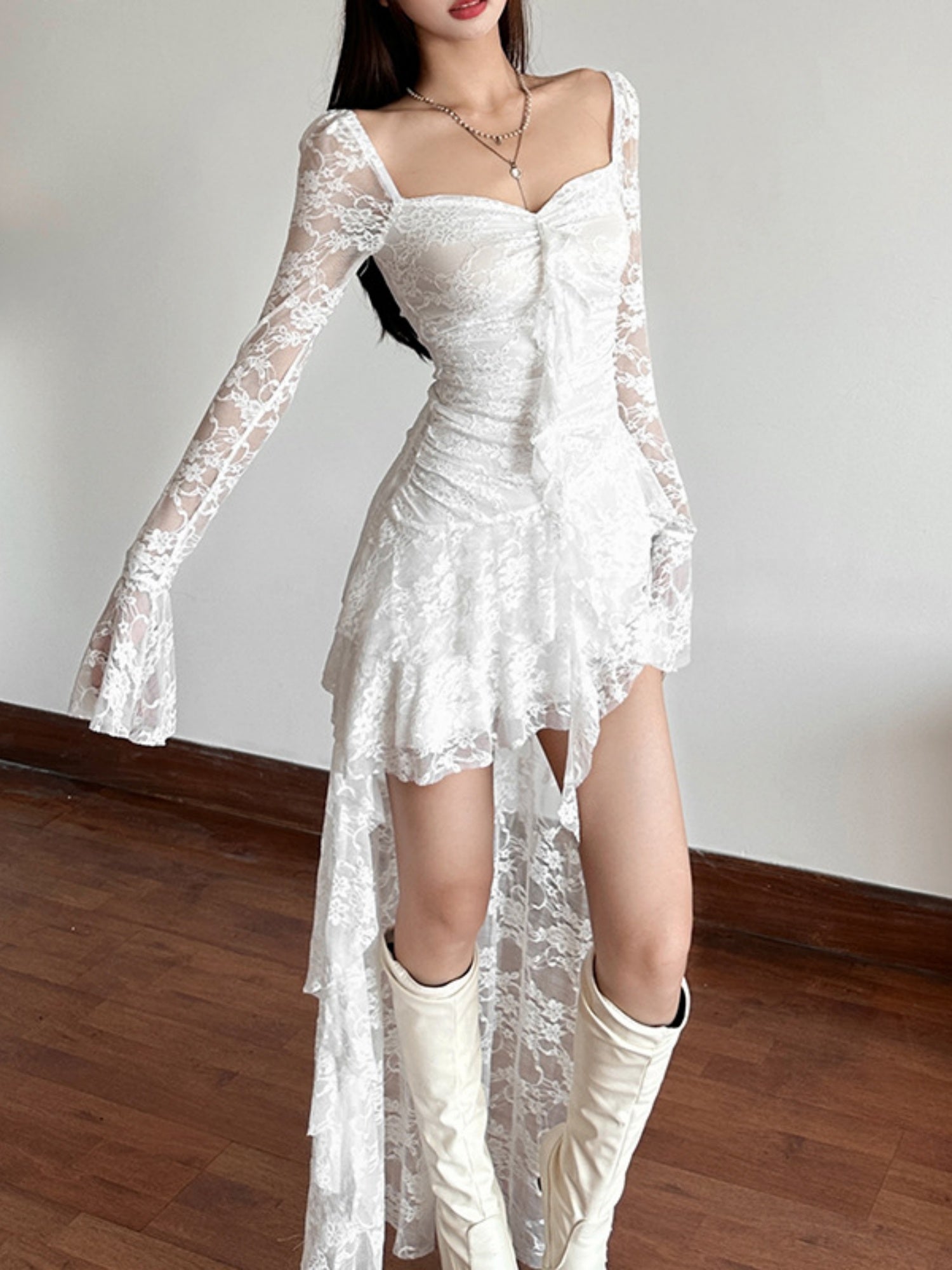 Lace Patchwork Perspective Irregular Hem Mini&Short Dresses