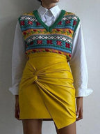 PU Leather Pleated High-waisted Knot Hip Wrap Skirts
