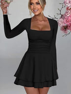 Square Neck Long Sleeves Pleated Solid Color Slim Fit Mini&Short Dresses