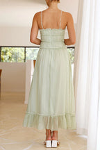 Frill Trim Lace Up Ruched Maxi Cami Dress