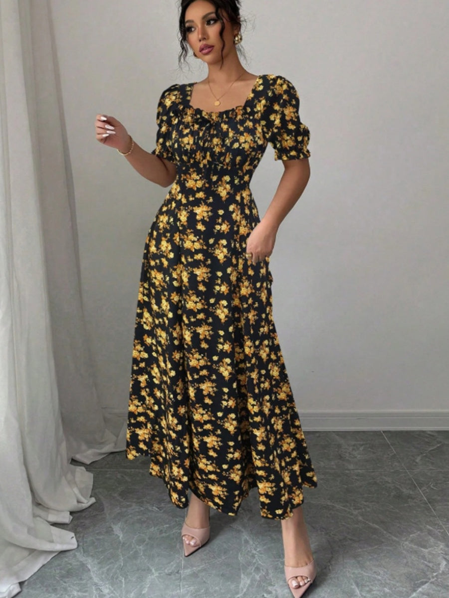 Floral Short Sleeve Square Collar Ruffle Vacation And Leisure Maxi Dresses