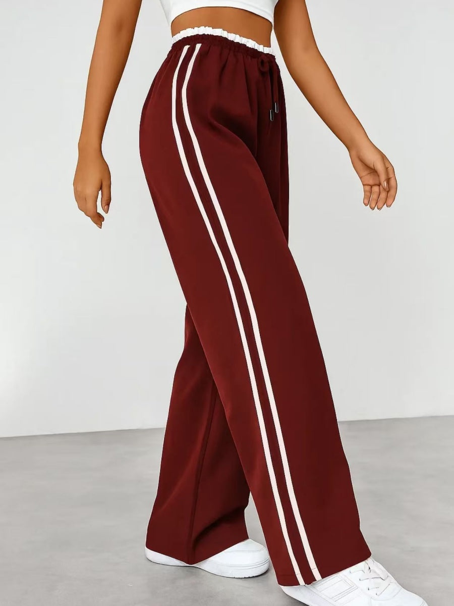 Drawstring High-waisted Wide-leg Pants Loose-fit Drape Sports Pants