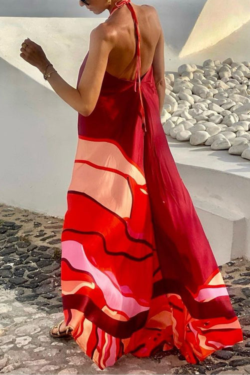Halter Backless Printed Swing Maxi Vacation Dress