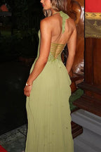 Halter Neck Back Lace-up Pleated Maxi Dress