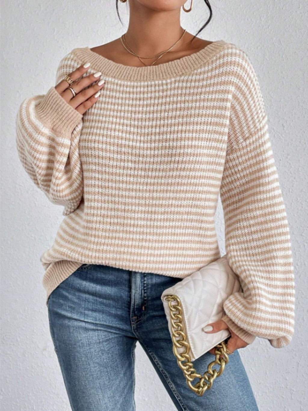 Stripes Off-the-shoulder Neckline Color Matching Knitted Sweater