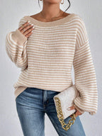 Stripes Off-the-shoulder Neckline Color Matching Knitted Sweater
