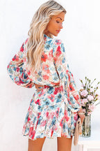 Floral Print V-Neck Button-Front Drawstring Waist Ruffle Hem Mini Dress
