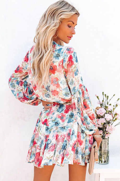 Floral Print V-Neck Button-Front Drawstring Waist Ruffle Hem Mini Dress