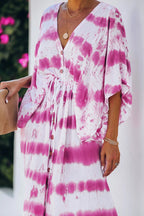 Tie Dye Print Kimono Sleeve Button Front Drawstring Waist Maxi Dress