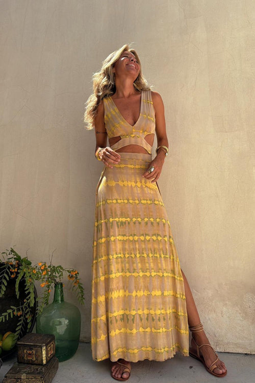 Tie Dye Print Plunging V-Neck Waist Cut Out Side Slit Maxi Dress
