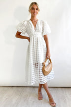 Puff Sleeve Sheer Grid Check Empire Waist Button Front Midi Dress