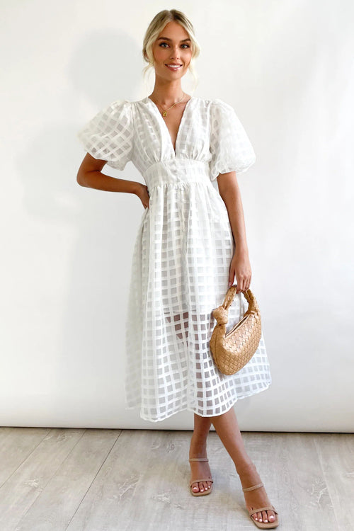 Puff Sleeve Sheer Grid Check Empire Waist Button Front Midi Dress