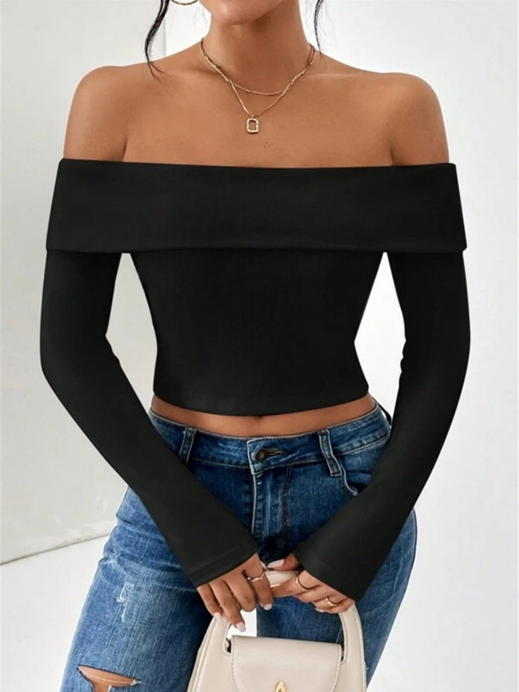 Off-shoulder Slim Fit Short Long-sleeved T-shirt
