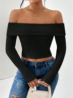 Off-shoulder Slim Fit Short Long-sleeved T-shirt