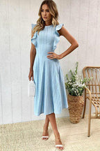 Eyelet Crew Neck Butterfly Ruffle Sleeve A-Line Midi Dress