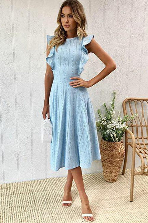 Eyelet Crew Neck Butterfly Ruffle Sleeve A-Line Midi Dress