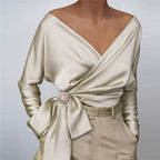 V-neck Long Sleeve Side Straps Silk Chiffon Blouse