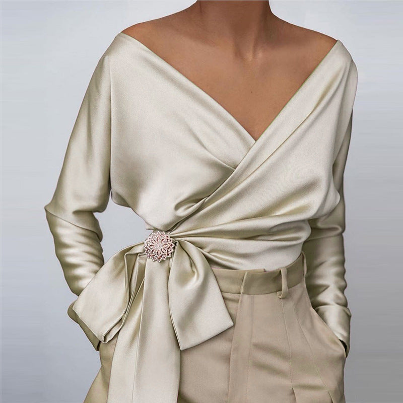 V-neck Long Sleeve Side Straps Silk Chiffon Blouse