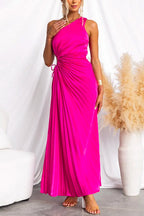 One Shoulder Drawstring Cut Out Pleated Swing Maxi Dress