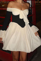 Off Shoulder Bow Front Corset Panel Ruffle Cuff Mini Dress