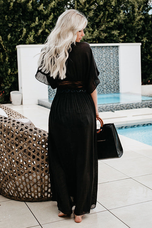 Crochet Lace Trim Kimono Sleeve Tie Waist Embroidered Maxi Dress