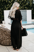 Crochet Lace Trim Kimono Sleeve Tie Waist Embroidered Maxi Dress