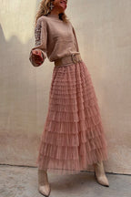 Tulle Layered Ruffle Mesh Maxi Skirt
