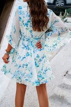 Floral Print Wrap V-Neck Three Quarter Sleeve Tie Waist Ruffle Hem Mini Dress