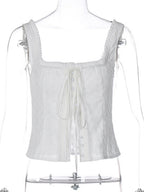 Lace Trim Square Neck Button Drawstring Camisoles