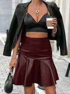 PU Leather Pleated High-waisted Splicing A-line Skirt Skirts