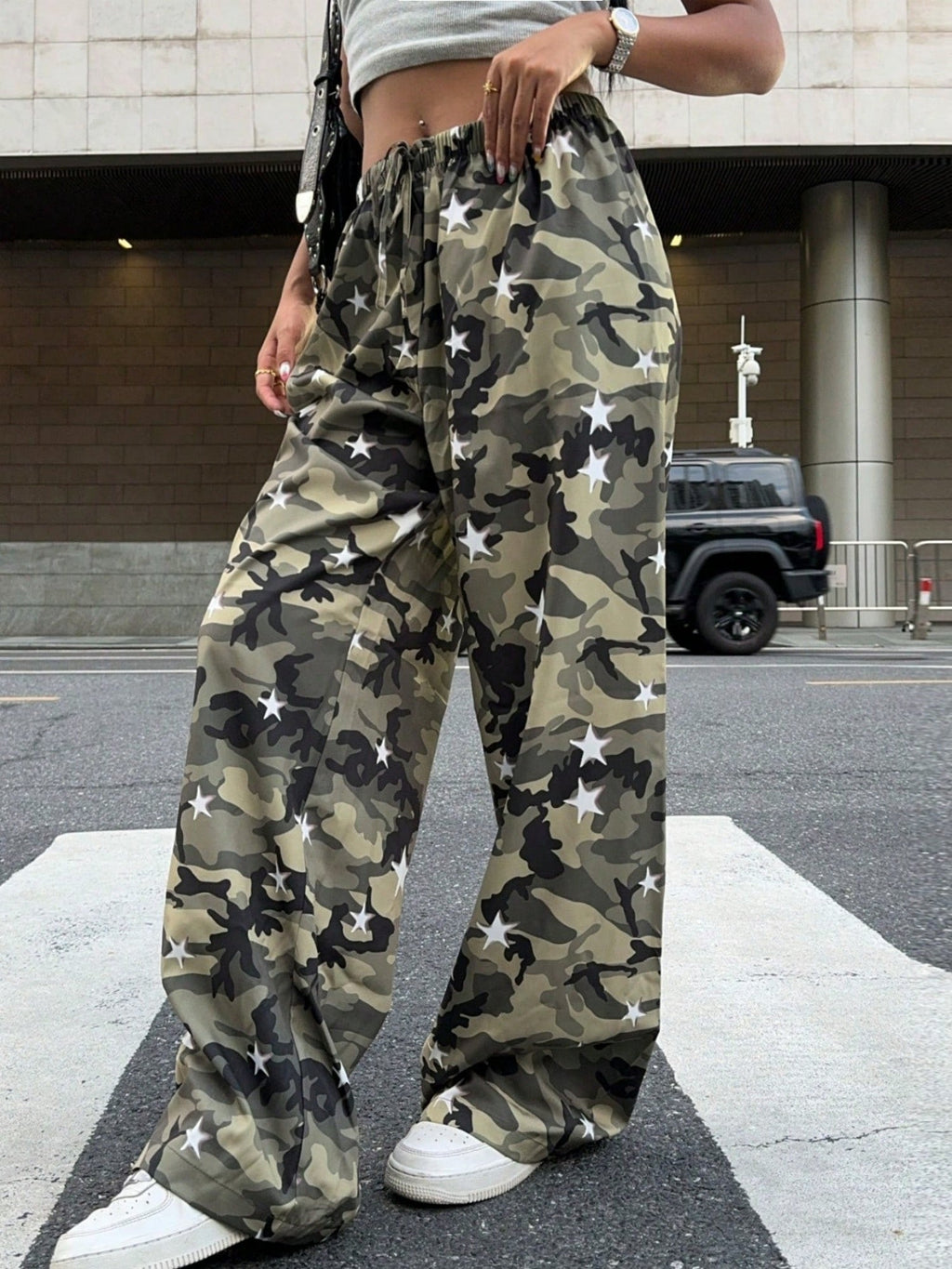 Camouflage Elastic Waistband Lace Up Pants