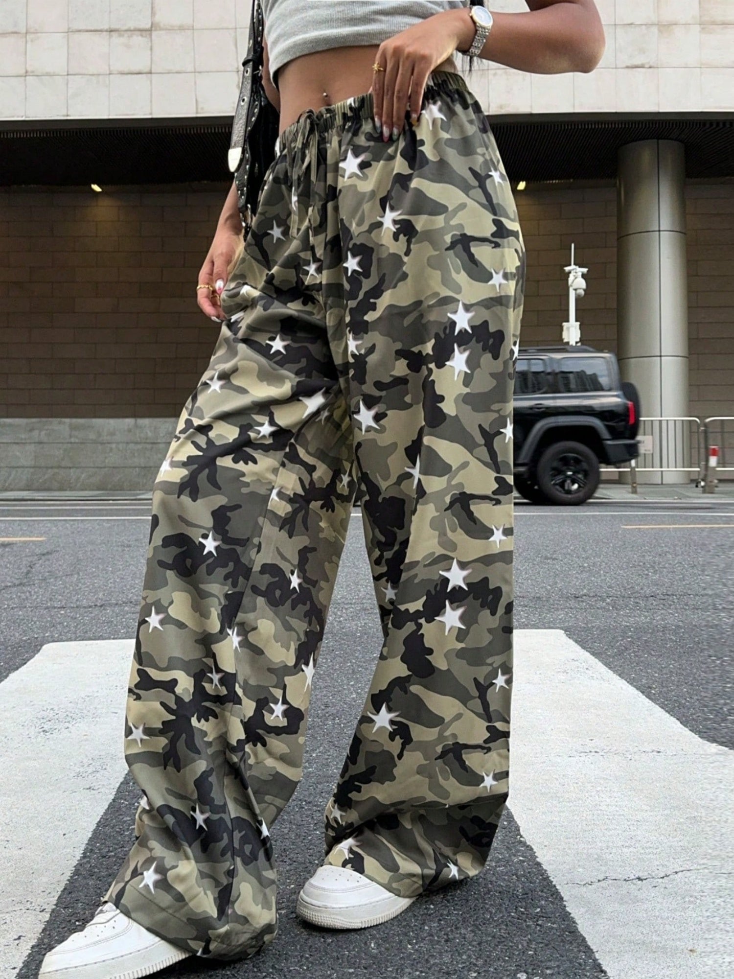Camouflage Elastic Waistband Lace Up Pants