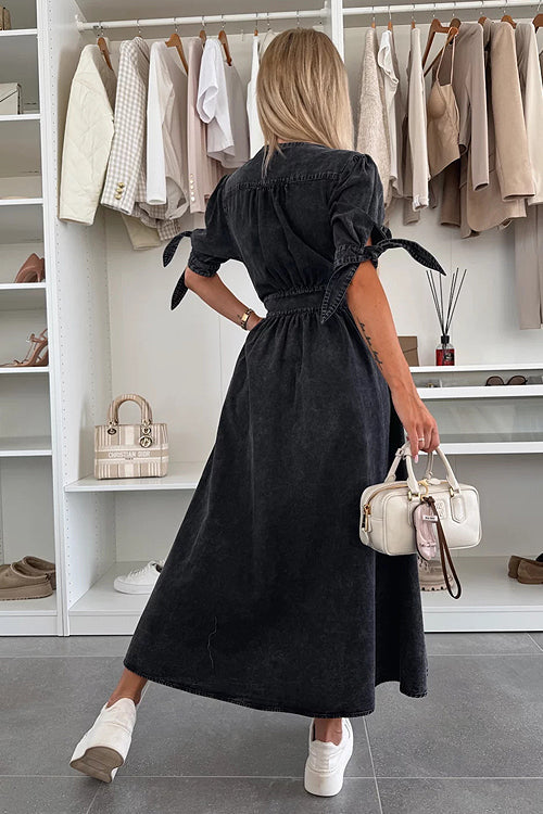 Denim Deep V-Neck Puff Sleeve Button Front Split Midi Dress