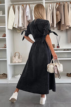 Denim Deep V-Neck Puff Sleeve Button Front Split Midi Dress
