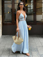 Stripes Color-blocked Splicing V-neck Hollow Maxi Dresses